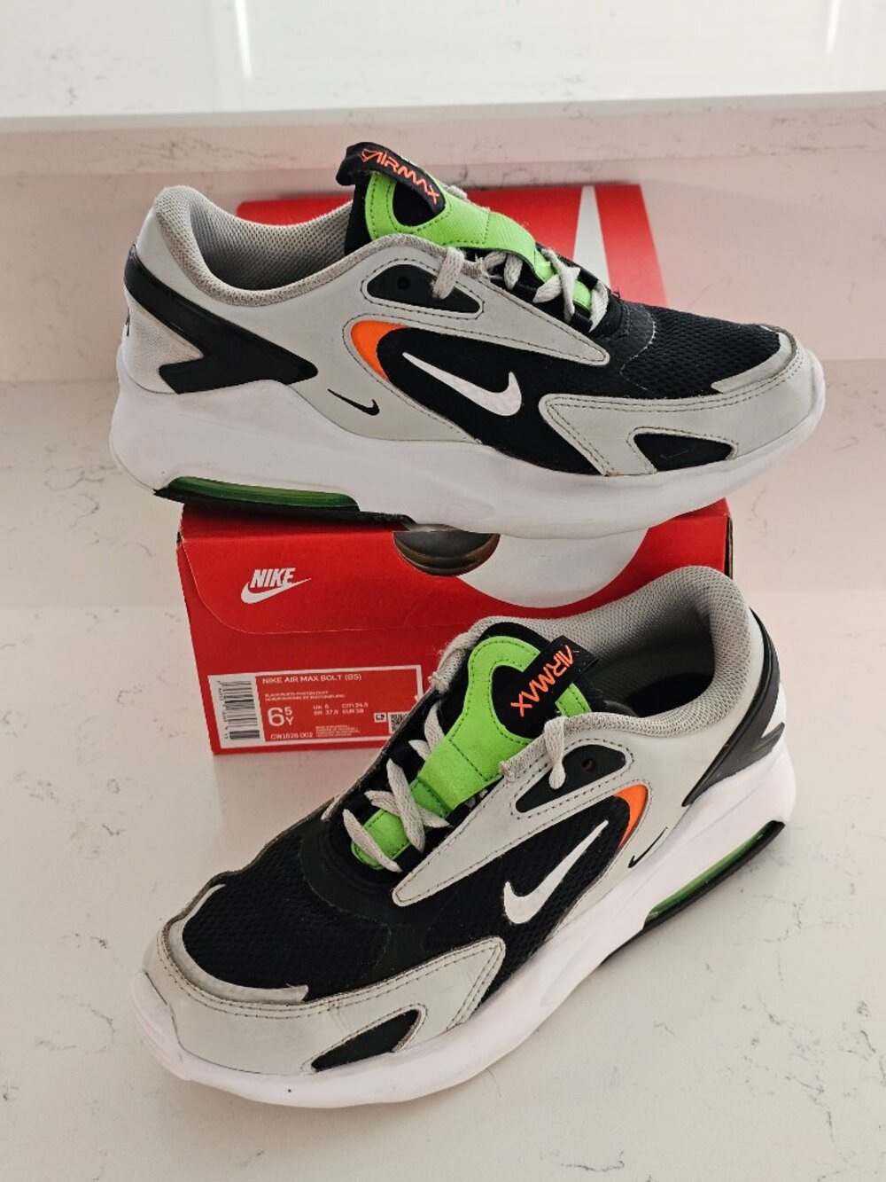 Nike Air Max Bolt - 6.5Y - Black/White/Photon Dust (gray) green / orange w/ Box